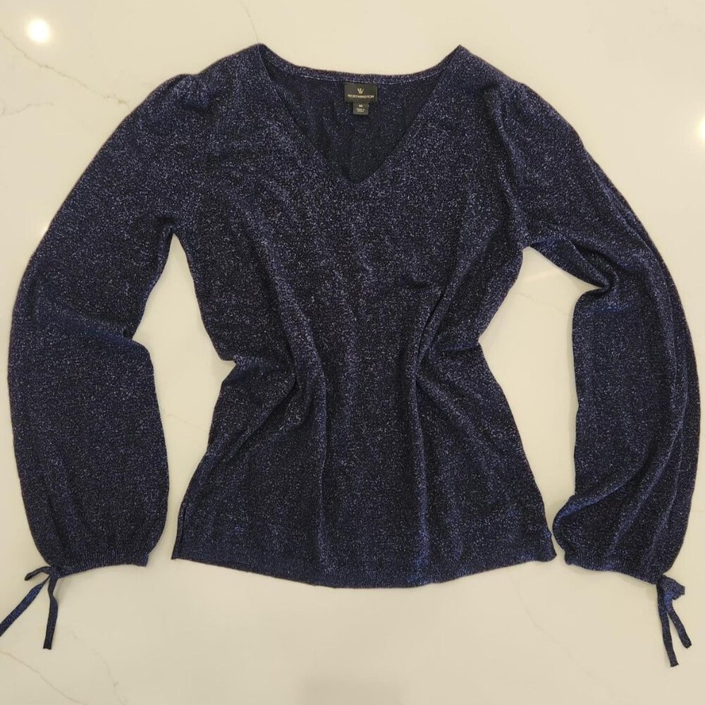 Worthington Sz M Sparkle Women Blouse Shirt Long Sleeve Blue Metallic Glam vneck